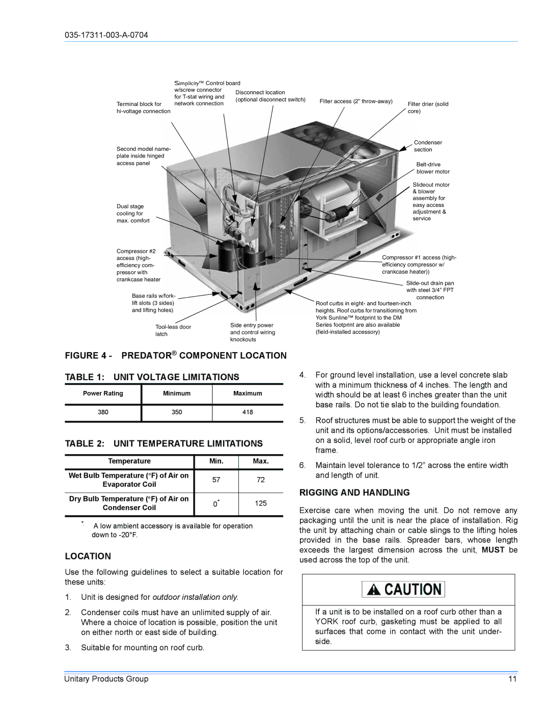 York DM090 installation manual Unit Temperature Limitations, Location, Rigging and Handling 