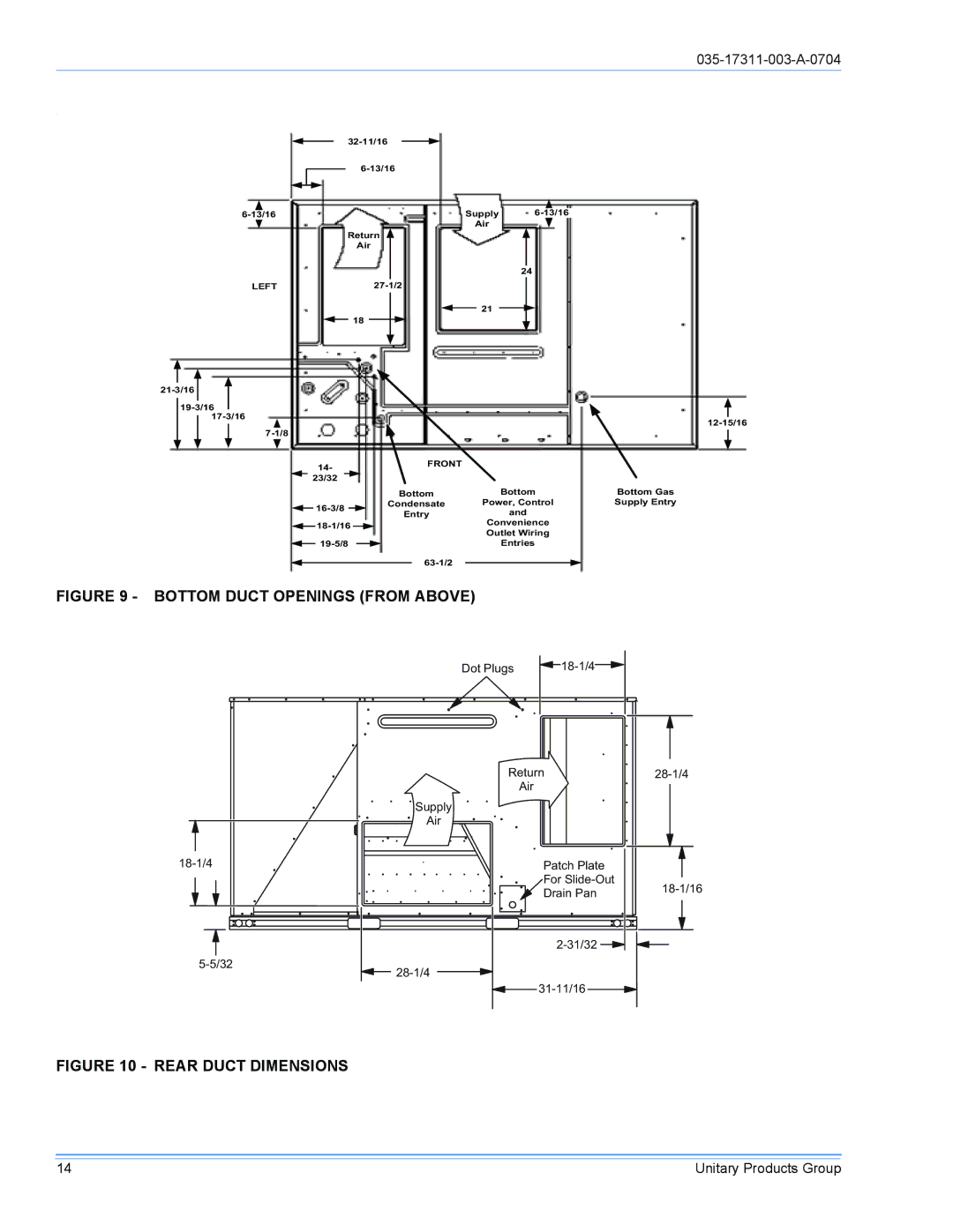 York DM090 installation manual Bottom Duct Openings from Above 