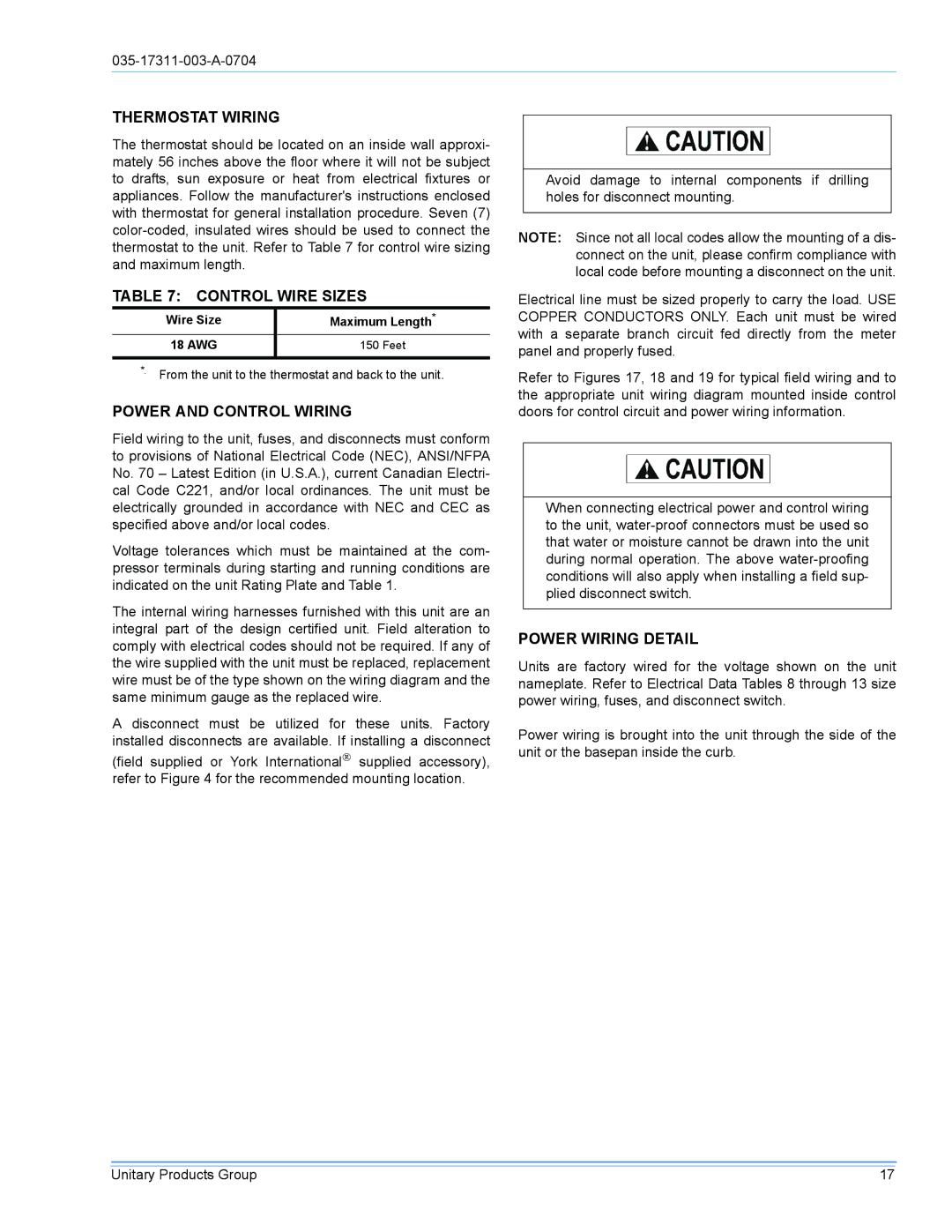 York DM090 installation manual Thermostat Wiring, Control Wire Sizes, Power and Control Wiring, Power Wiring Detail 