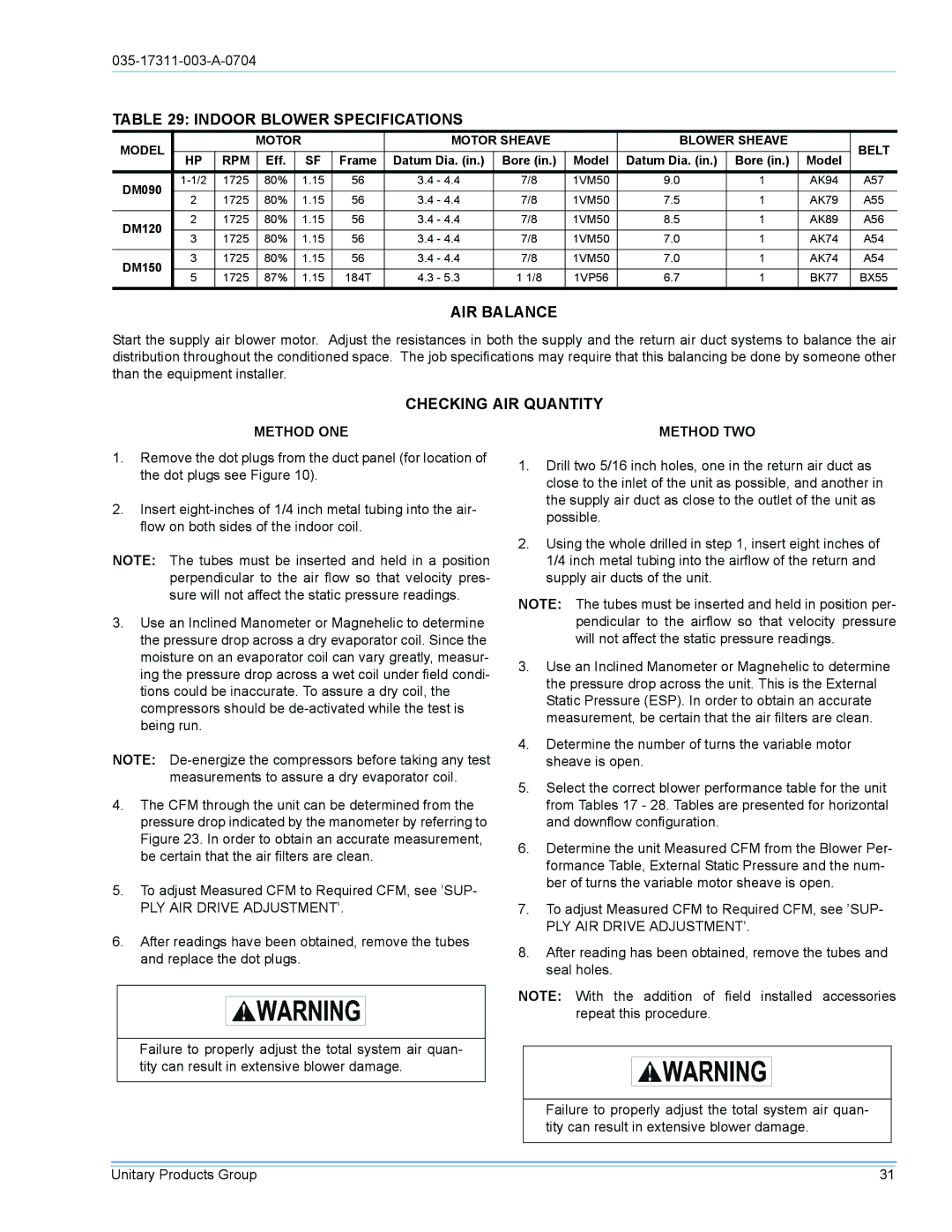 York DM090 installation manual Indoor Blower Specifications, AIR Balance, Checking AIR Quantity, Method ONE Method TWO 