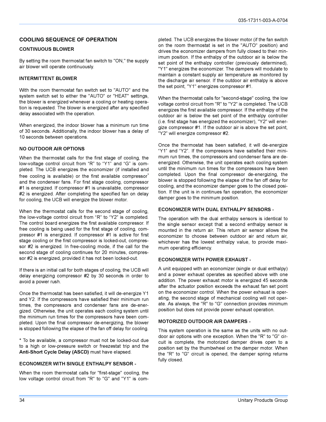 York DM090 installation manual Cooling Sequence of Operation 