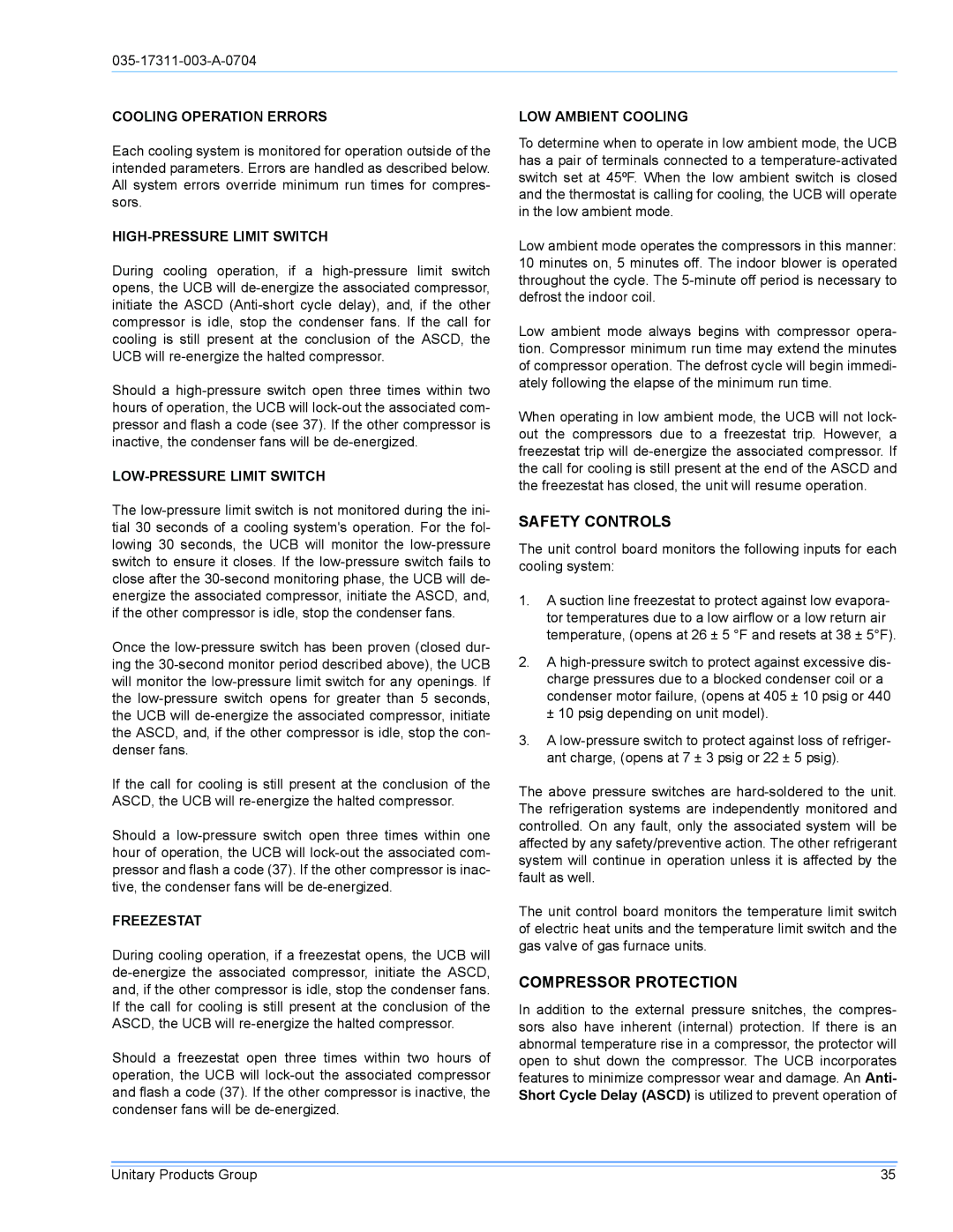 York DM090 installation manual Safety Controls, Compressor Protection 