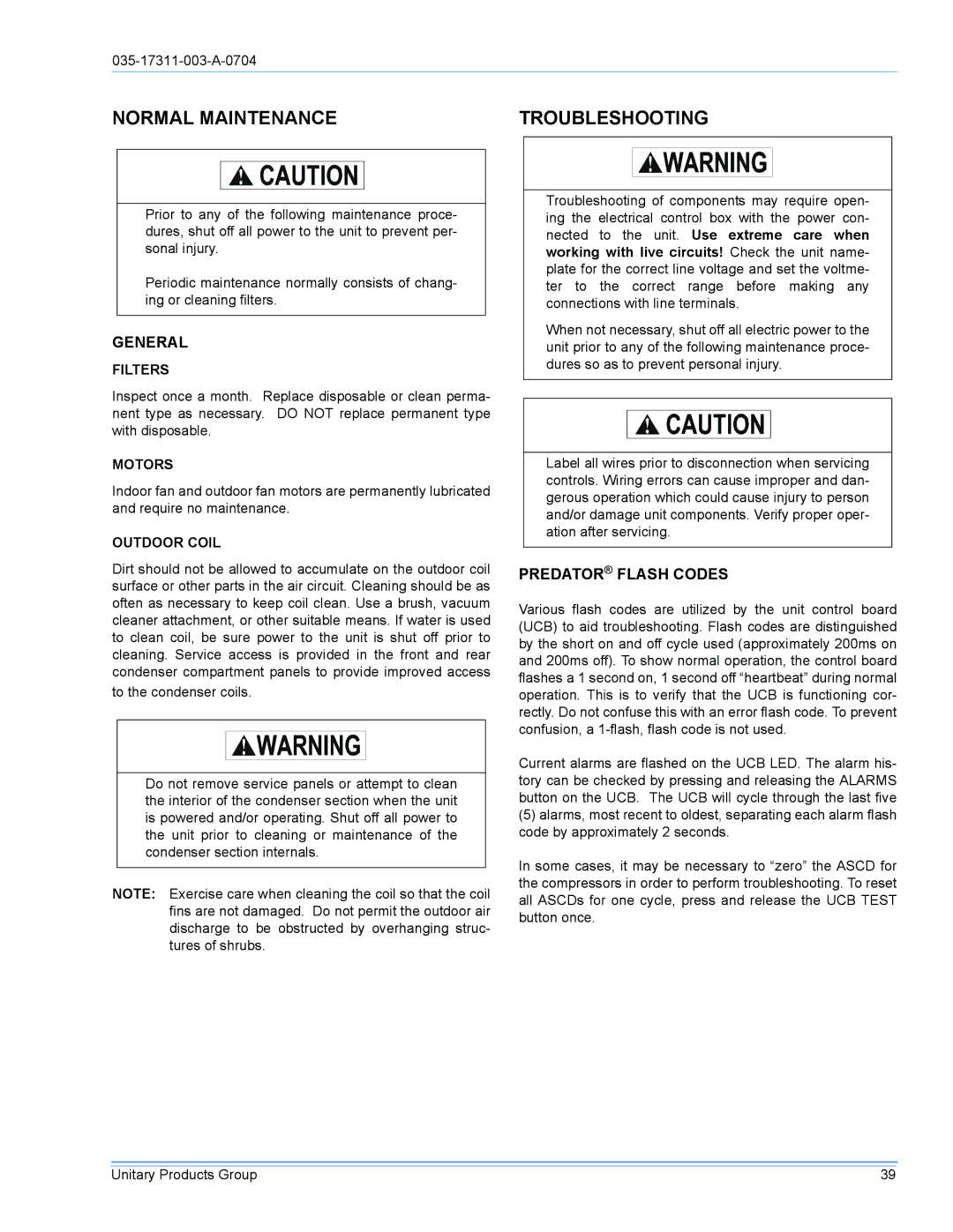 York DM090 installation manual Normal Maintenance Troubleshooting, General, Predator Flash Codes 