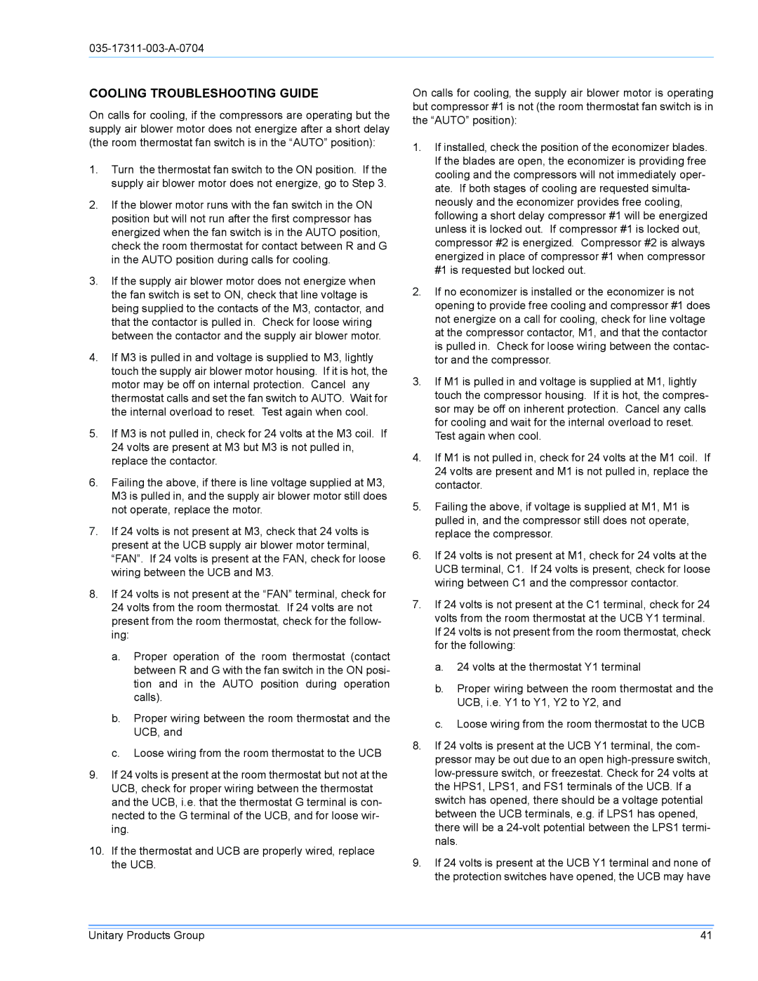 York DM090 installation manual Cooling Troubleshooting Guide 