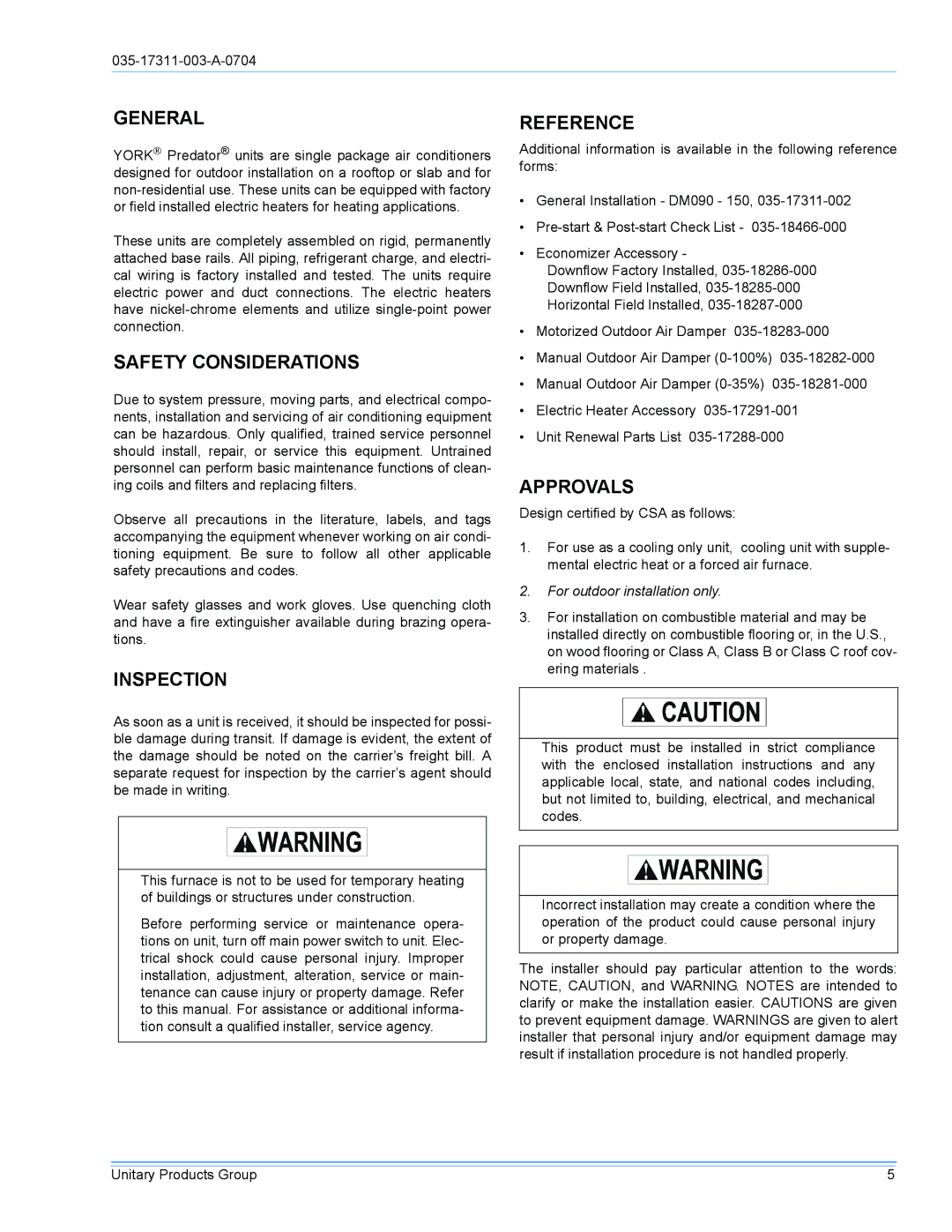 York DM090 installation manual General, Safety Considerations, Inspection, Reference, Approvals 