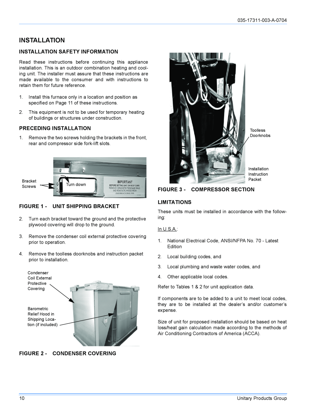 York DM090 Installation Safety Information, Preceding Installation, Unit Shipping Bracket, Condenser Covering 