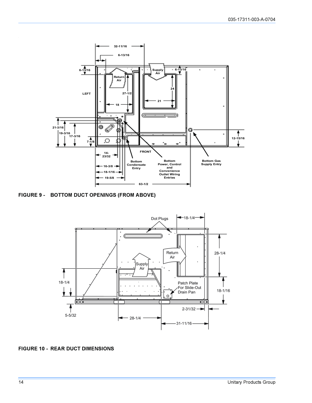 York DM090 installation manual Bottom Duct Openings From Above, Rear Duct Dimensions, 035-17311-003-A-0704 