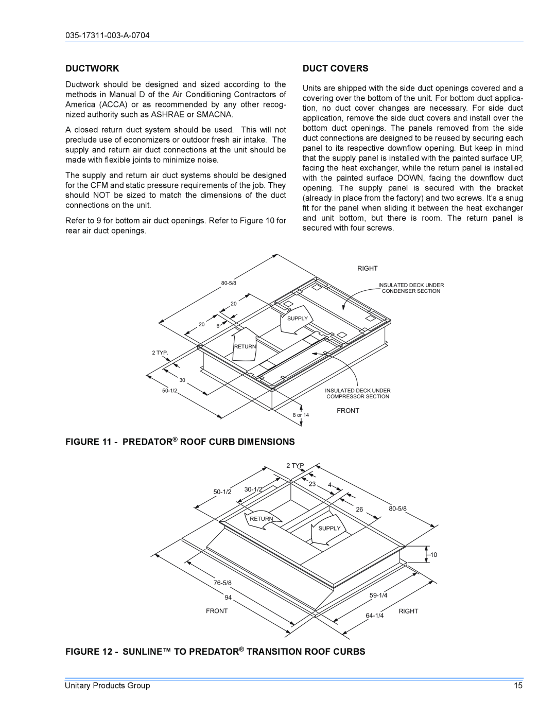 York DM090 installation manual Ductwork, Duct Covers, Predator Roof Curb Dimensions 