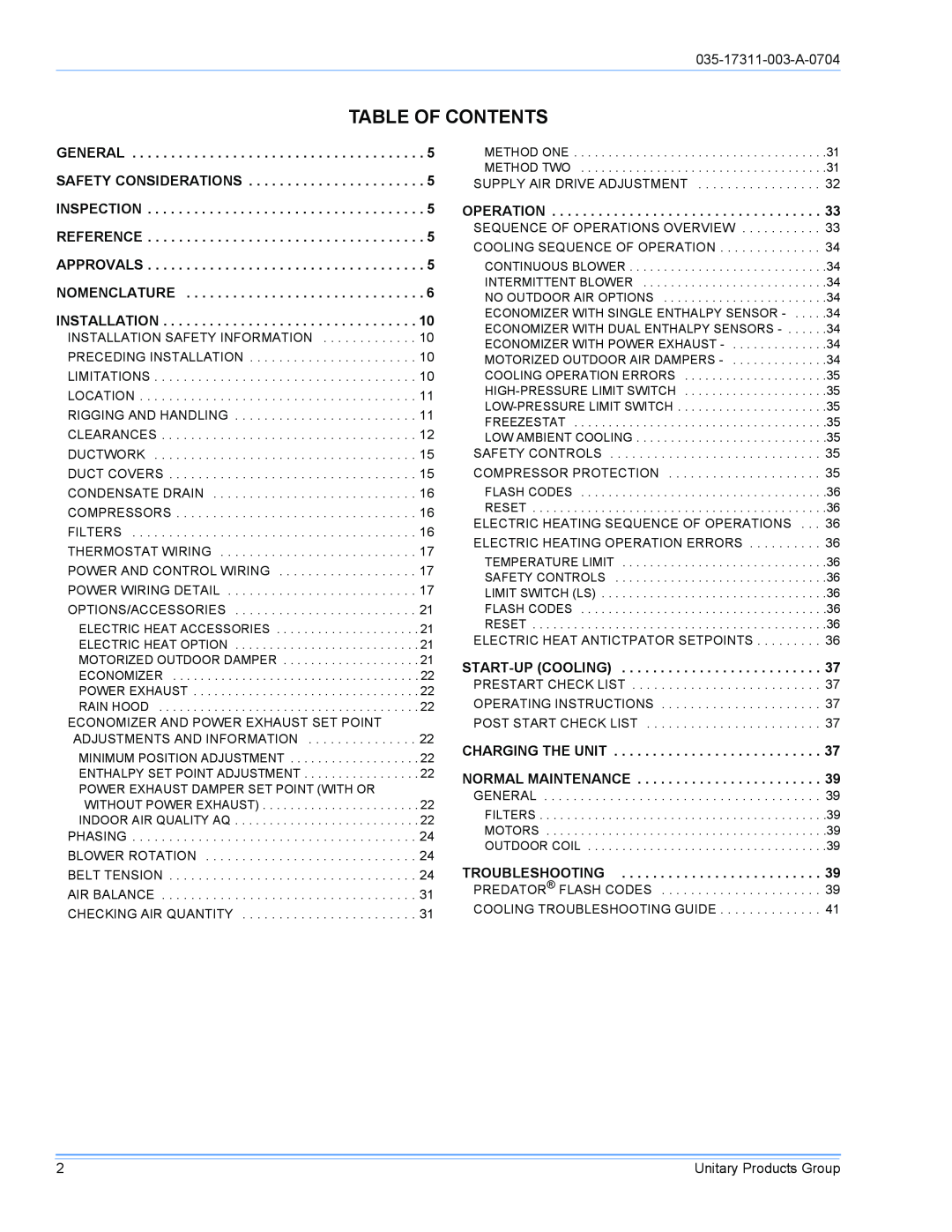 York DM090 installation manual Table Of Contents, 035-17311-003-A-0704 