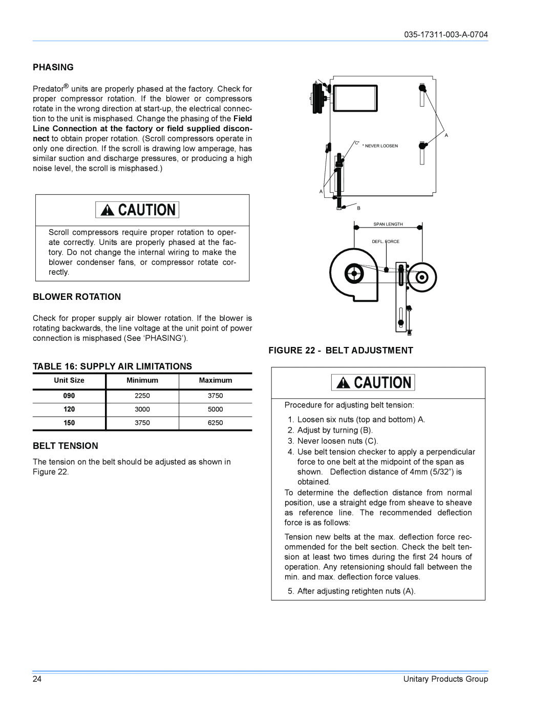 York DM090 installation manual Phasing, Blower Rotation, Supply Air Limitations, Belt Tension, Belt Adjustment 