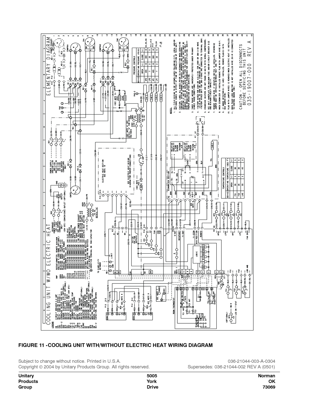 York DM150 Cooling Unit With/Without Electric Heat Wiring Diagram, 036-21044-003-A-0304, Supersedes 036-21044-002 REV A 