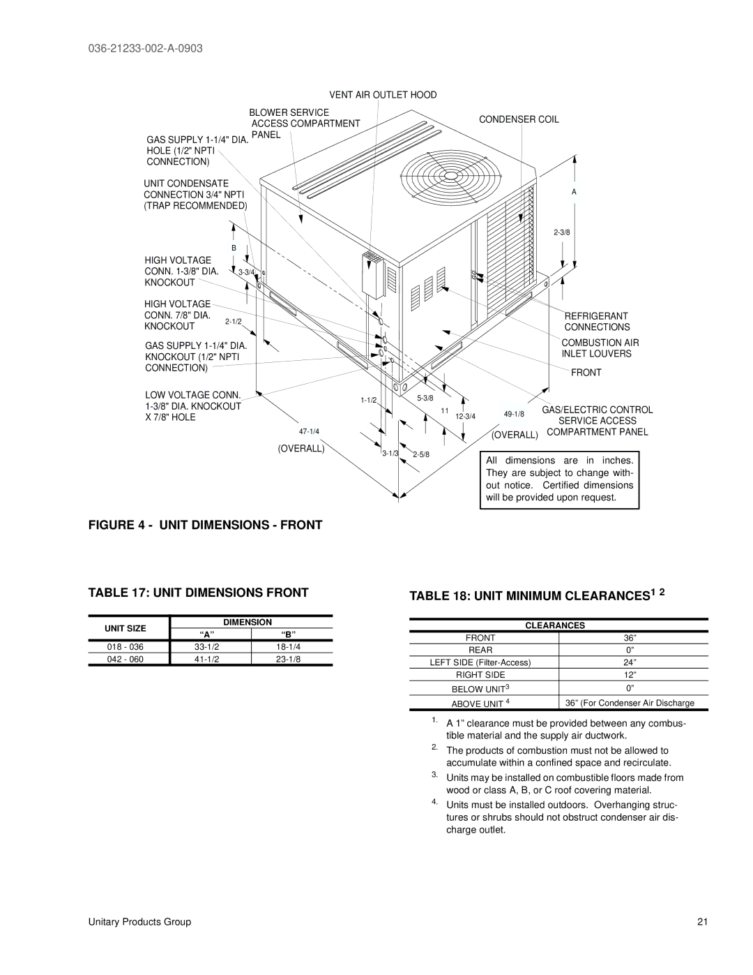 York DNH018 warranty Unit Minimum CLEARANCES1, Unit Size Dimension, Clearances 