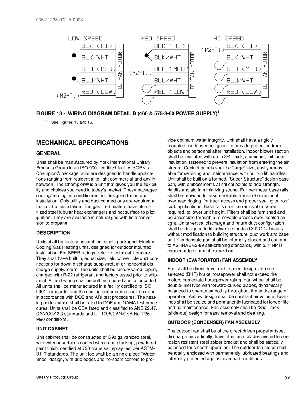 York DNH018 warranty Mechanical Specifications, Description 