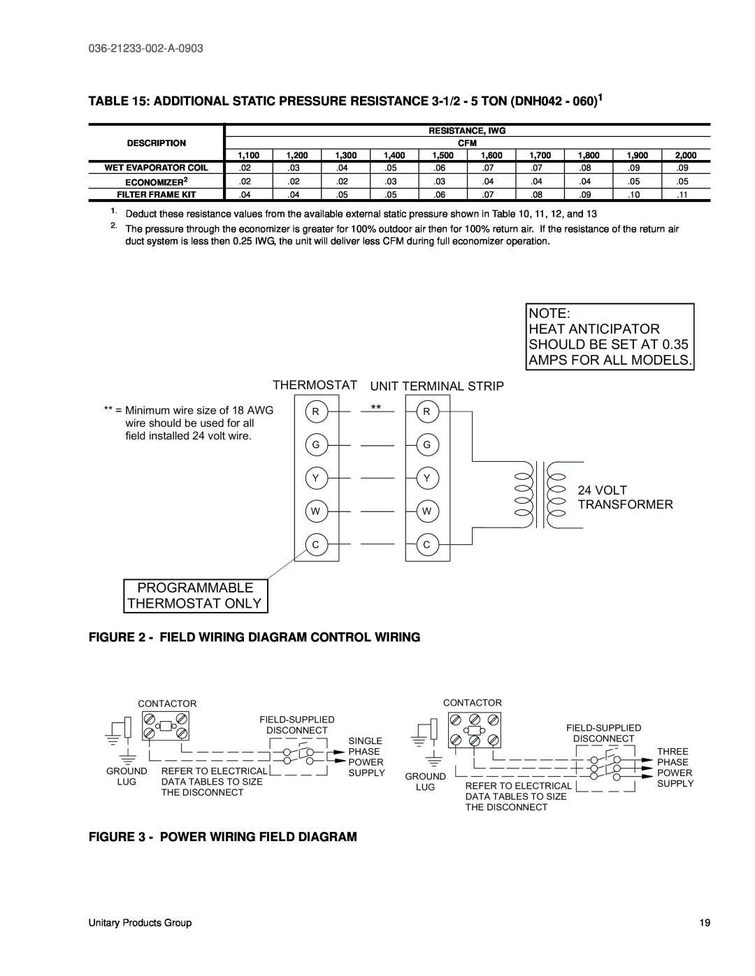 York DNH018 warranty Programmable Thermostat Only, Unit Terminal Strip, 24VOLT TRANSFORMER, 036-21233-002-A-0903 