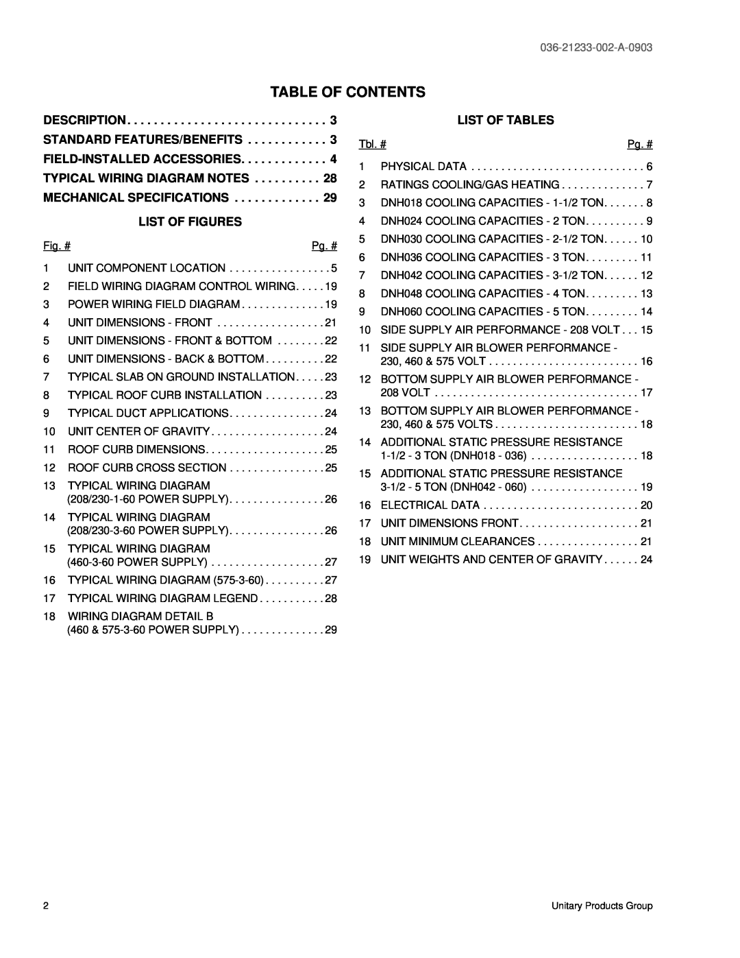 York DNH018 warranty Table Of Contents, List Of Figures, List Of Tables, 036-21233-002-A-0903 