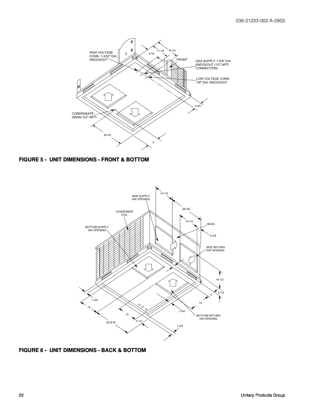 York DNH018 warranty Unit Dimensions - Front & Bottom, Unit Dimensions - Back & Bottom, 036-21233-002-A-0903 