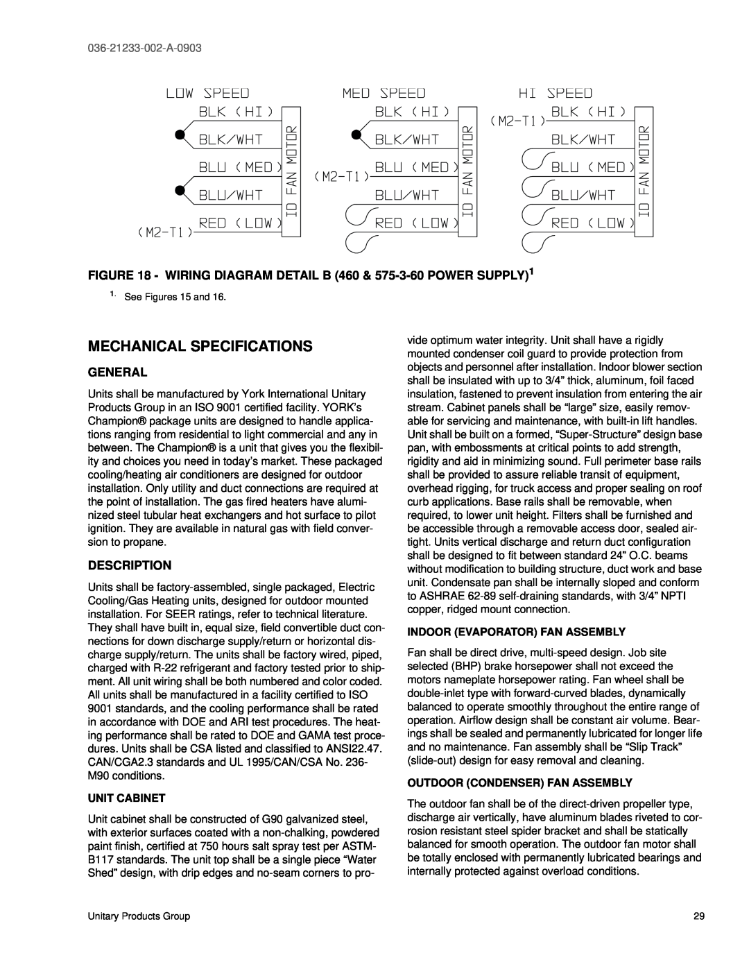 York DNH018 warranty Mechanical Specifications, General, Description, 036-21233-002-A-0903 