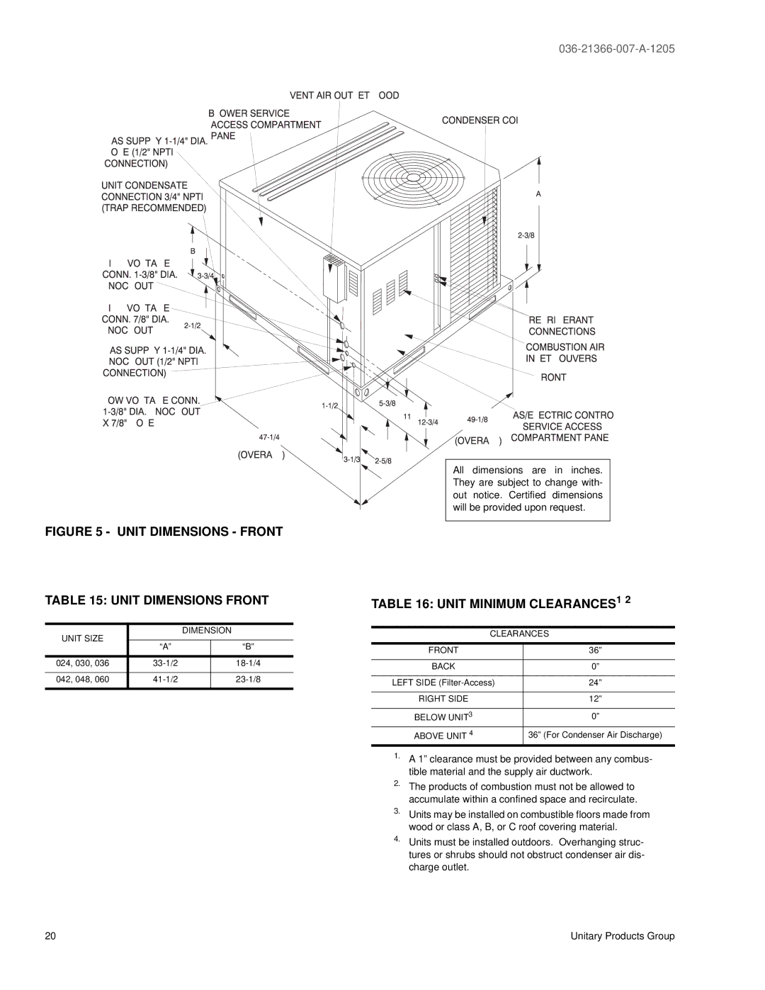 York DNP030, DNP060, DNP048, DNP024, DNP042, DNP036 warranty Unit Dimensions Front, Unit Minimum CLEARANCES1 