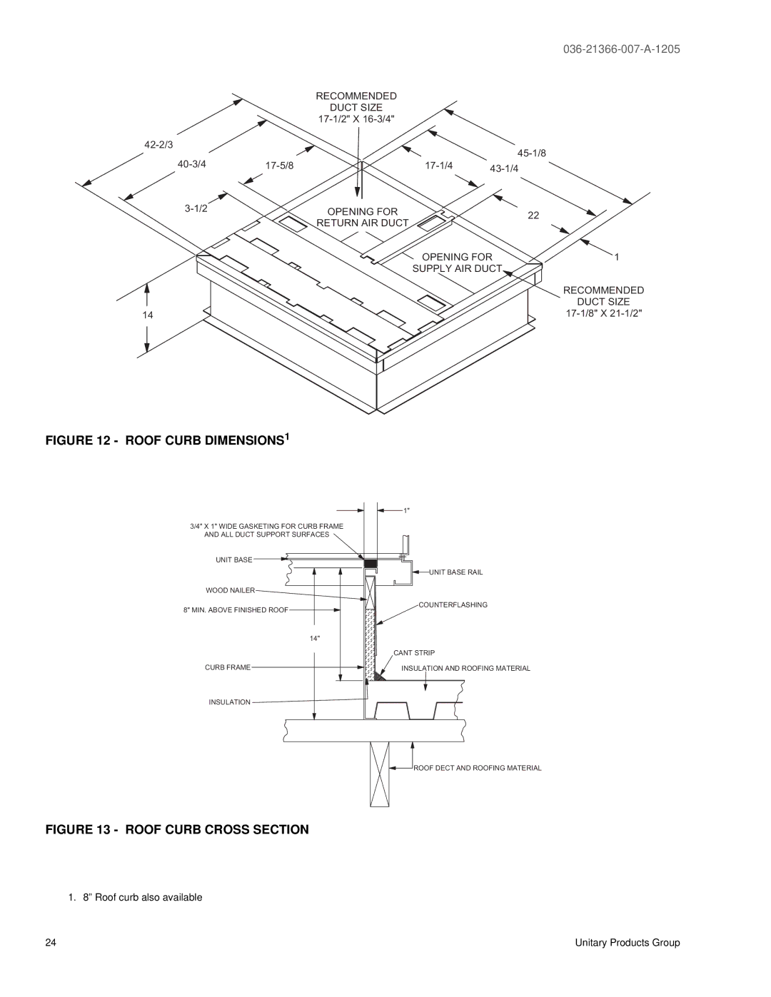 York DNP060, DNP048, DNP030, DNP024, DNP042, DNP036 warranty Roof Curb DIMENSIONS1 