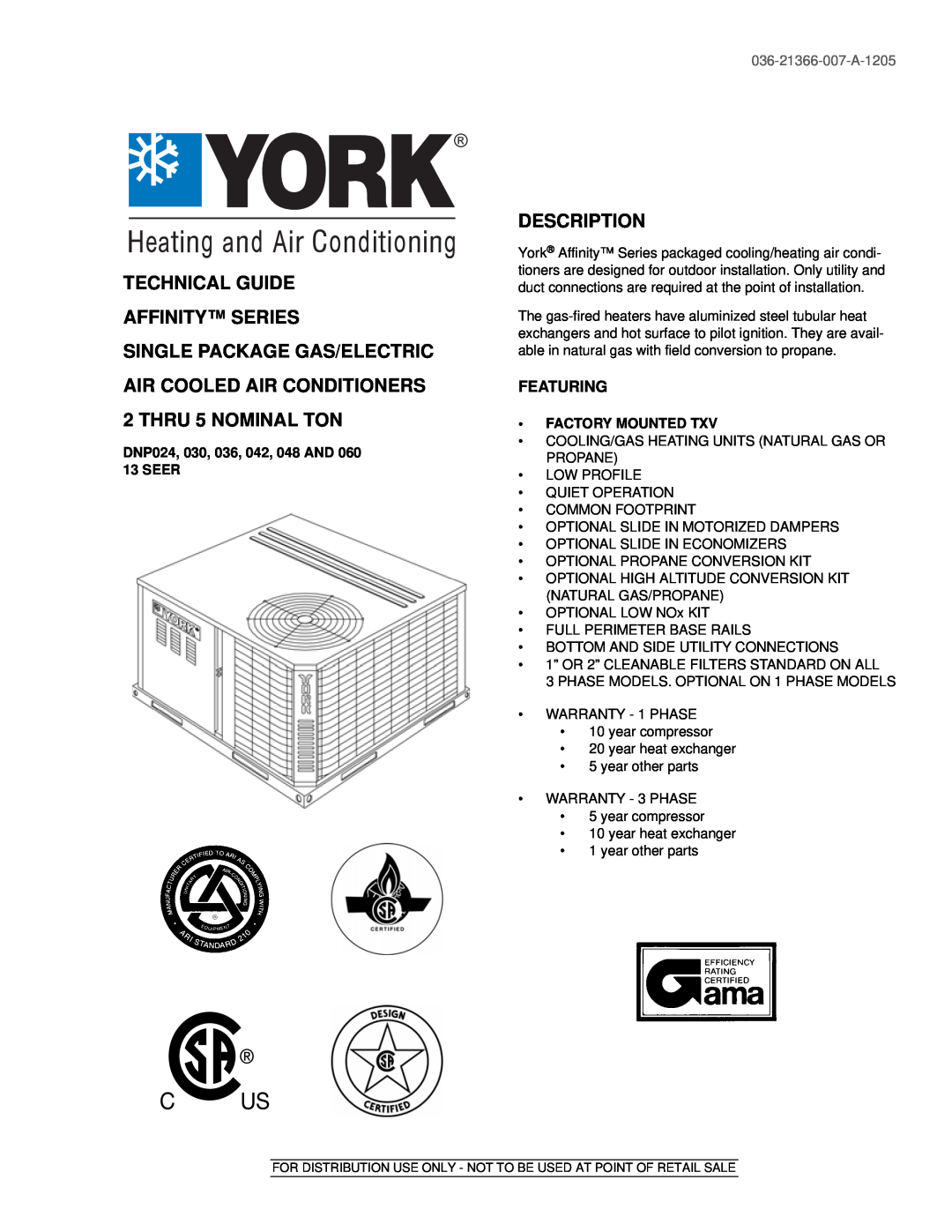York DNP048, DNP060 warranty Technical Guide Affinity Series, Description, 036-21366-007-A-1205, Factory Mounted Txv 
