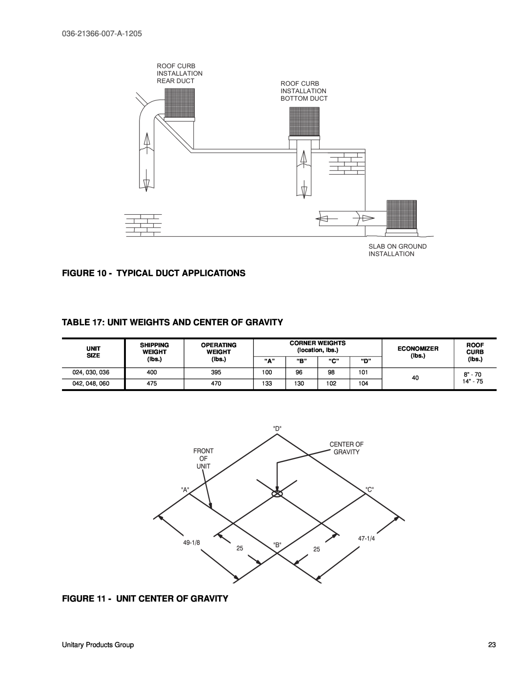 York DNP036, DNP060 49-1/8, 47-1/4, 102CENTEROF104, Gravityc, 036-21366-007-A-1205, Roofcurb Installation Rearductroofcurb 