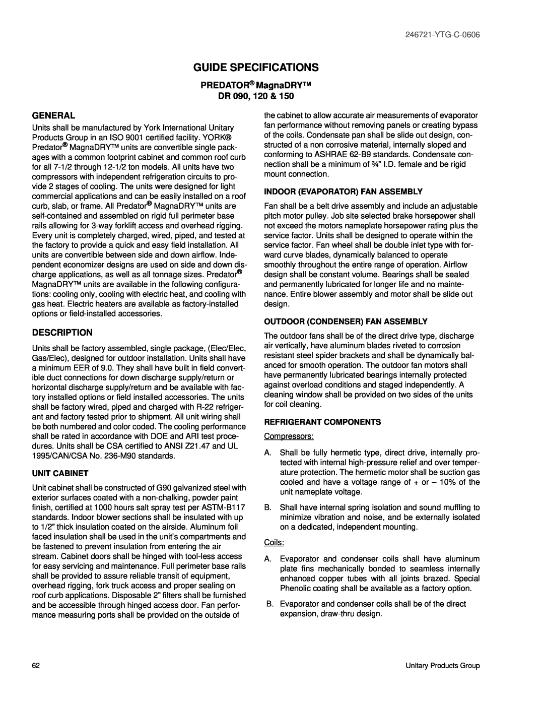 York DR150, DR120, DR090 manual Guide Specifications, PREDATOR MagnaDRY DR, General, Description, YTG-C-0606 