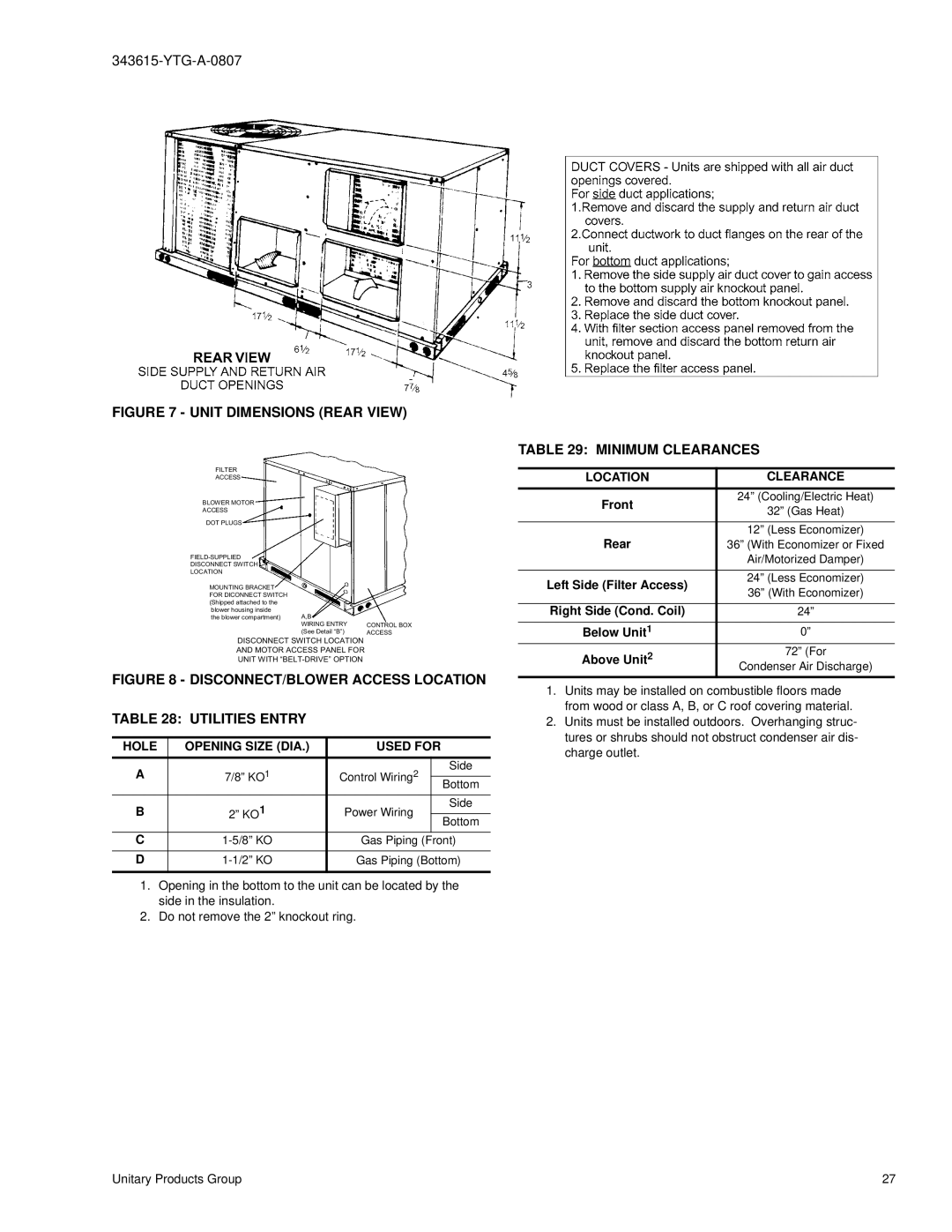 York DY 036 warranty Unit Dimensions Rear View Minimum Clearances 