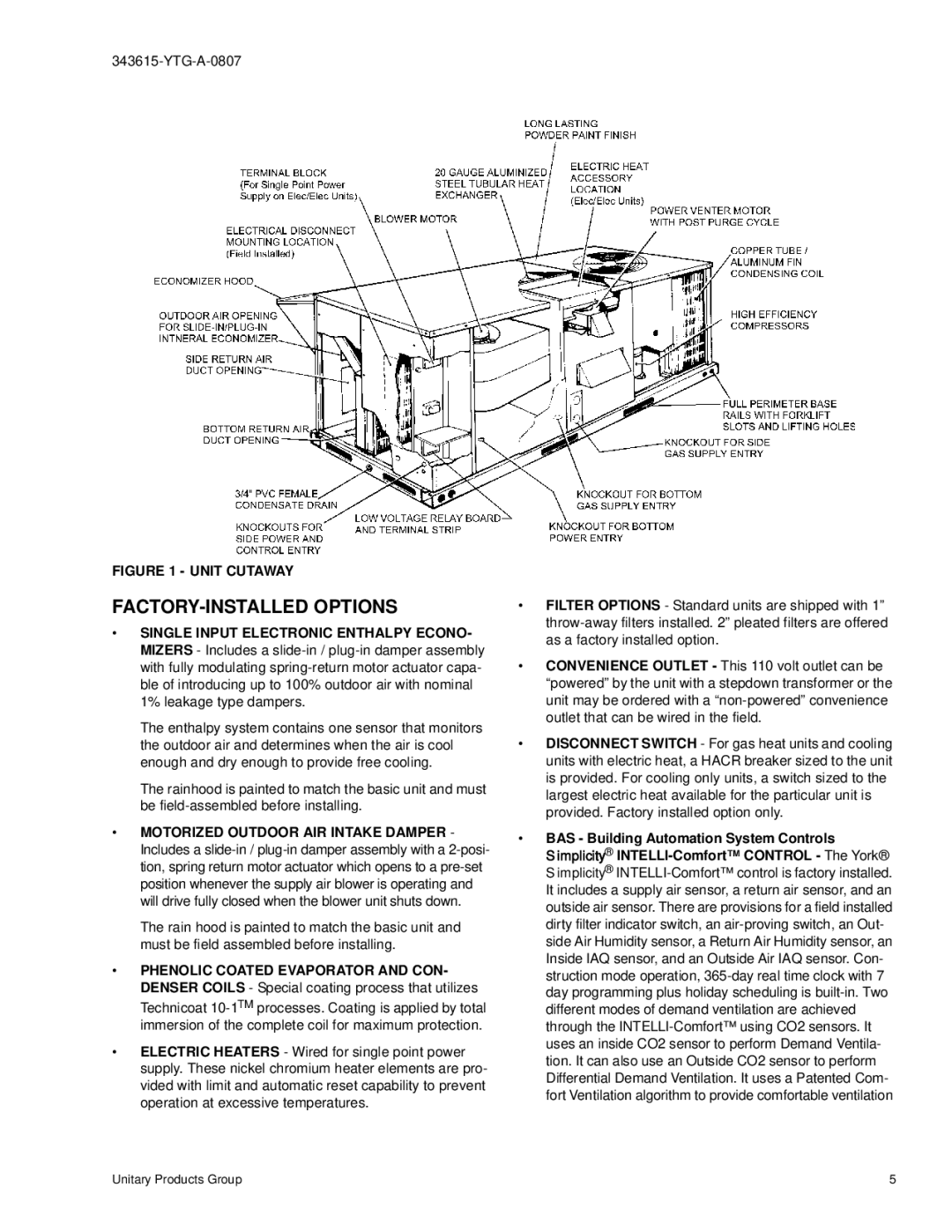 York DY 036 warranty FACTORY-INSTALLED Options, Unit Cutaway 