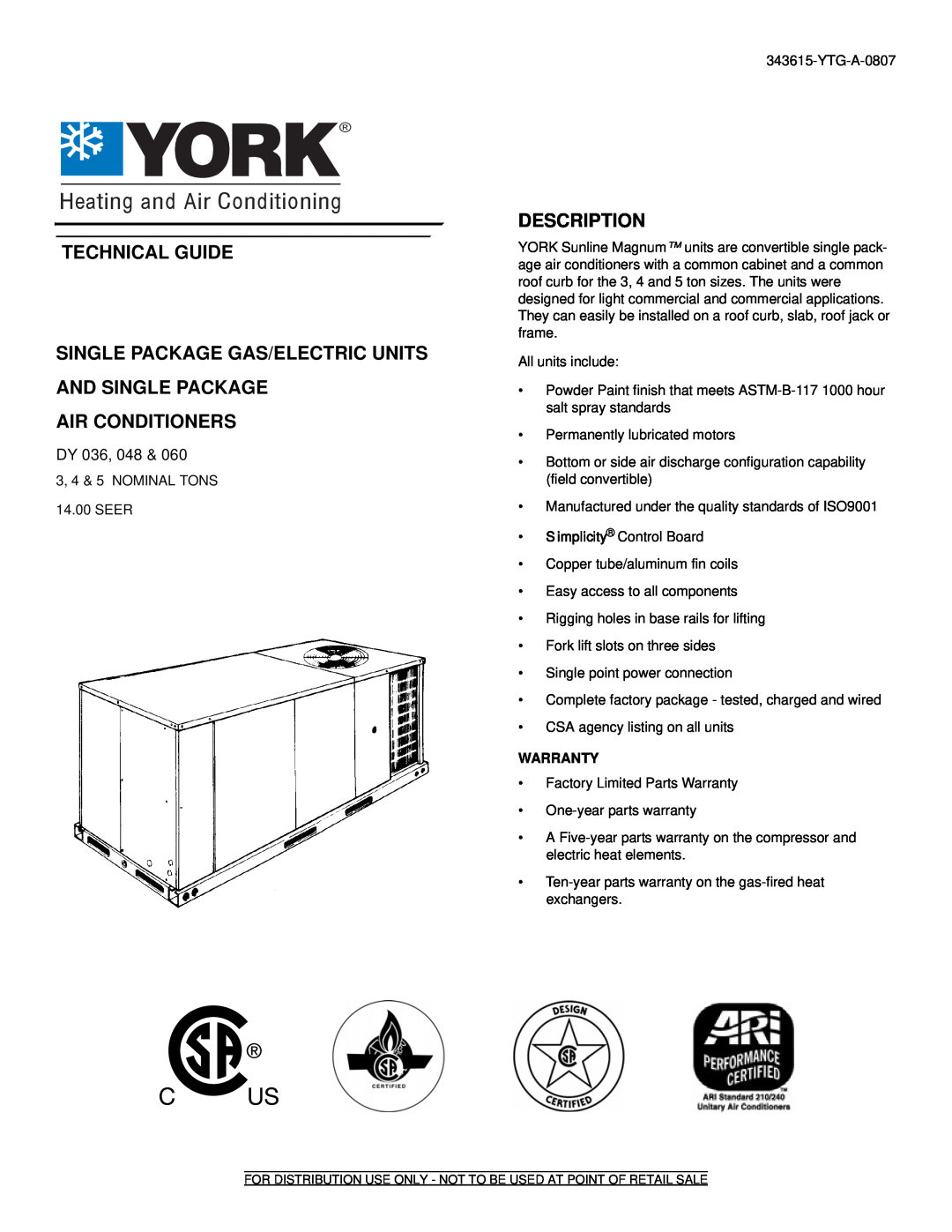 York DY 036 warranty Technical Guide, Air Conditioners, Description, Dy 