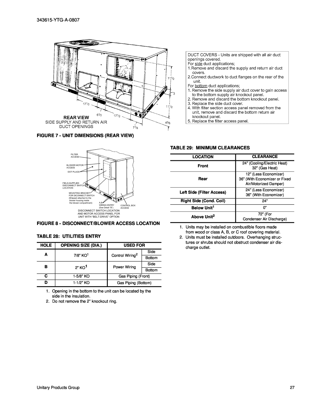 York DY 036 Unit Dimensions Rear View, Minimum Clearances, Disconnect/Blower Access Location, Utilities Entry, Hole 