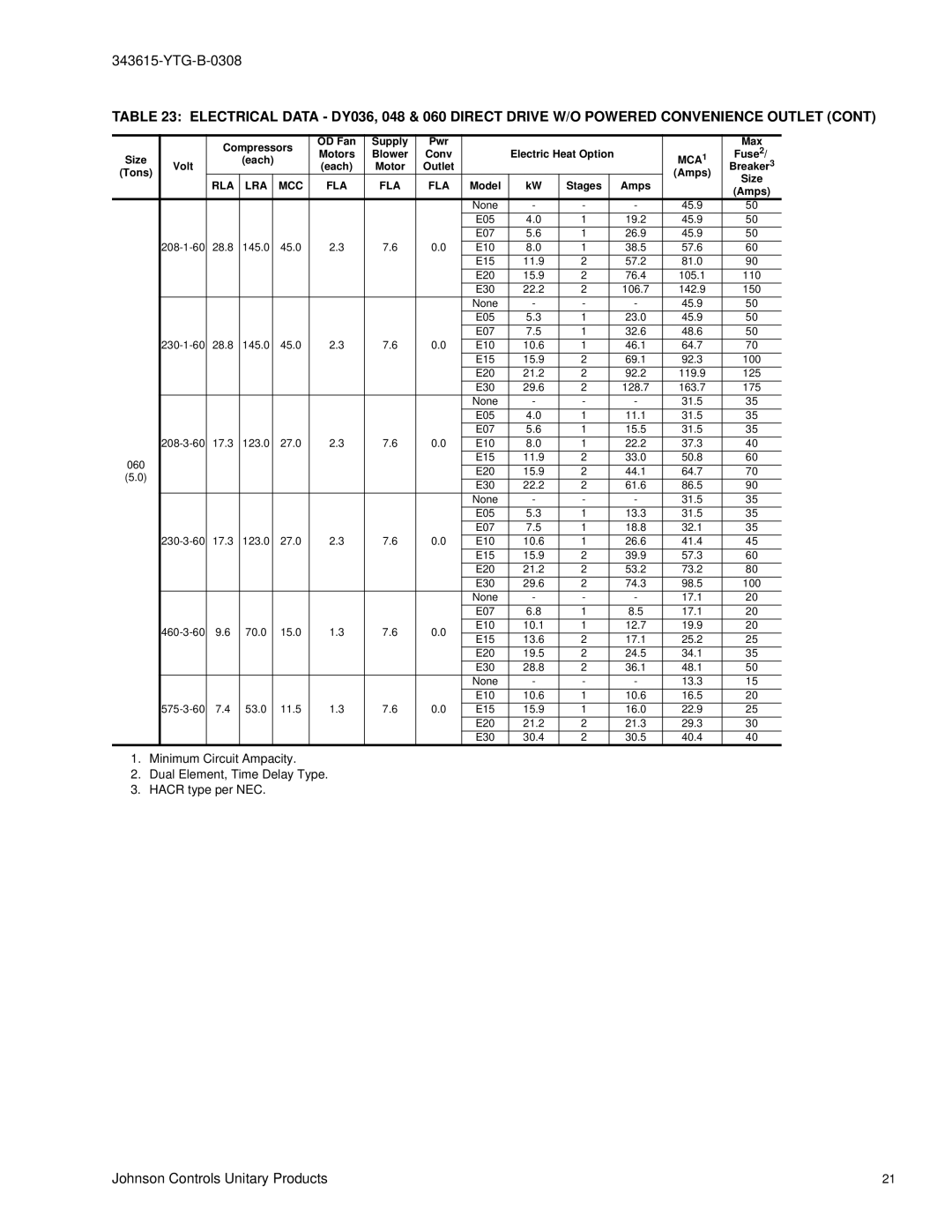 York DY 048, DY 060 warranty MCA1 