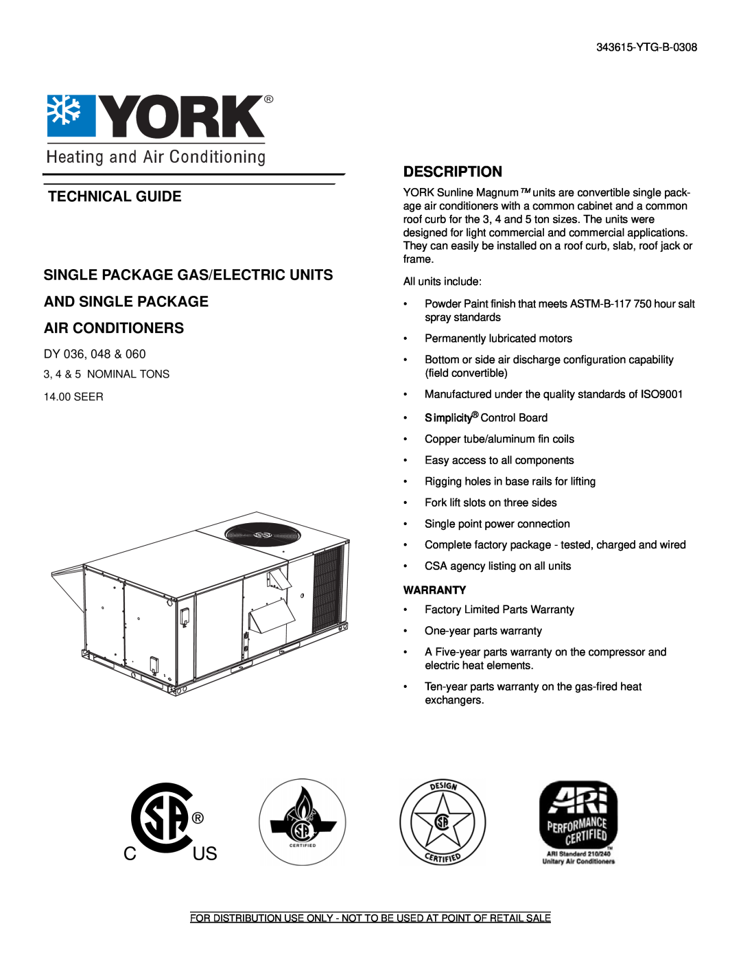 York DY 048, DY 060 warranty Technical Guide, Air Conditioners, Description, Dy 