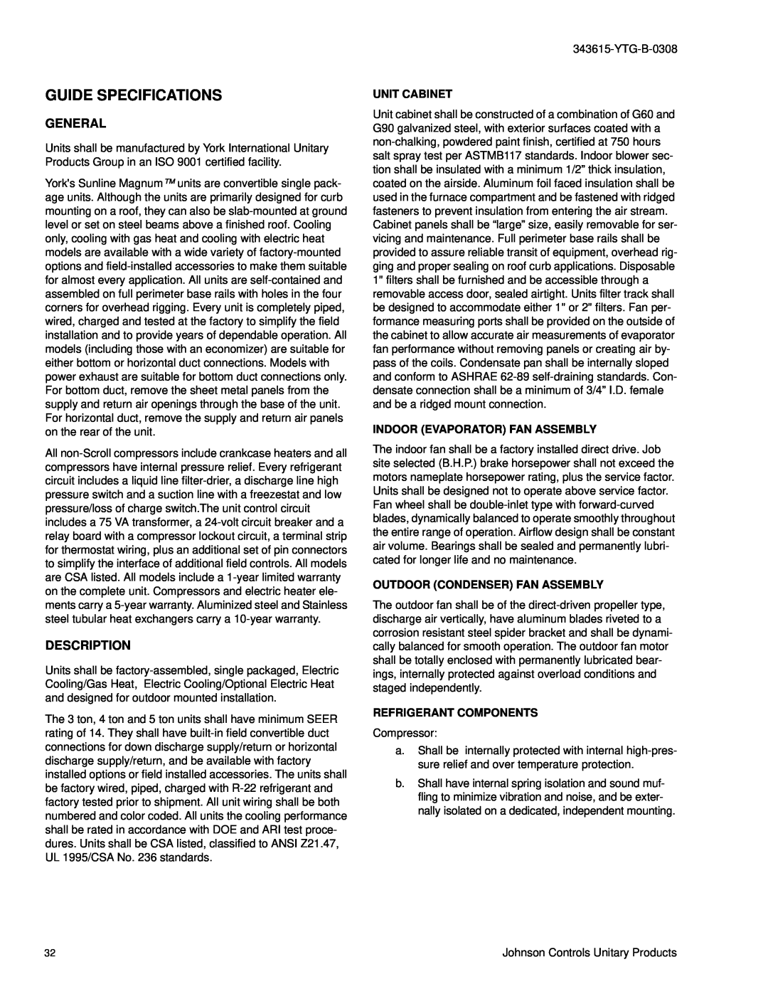 York DY 060, DY 048 warranty Guide Specifications, General, Description 