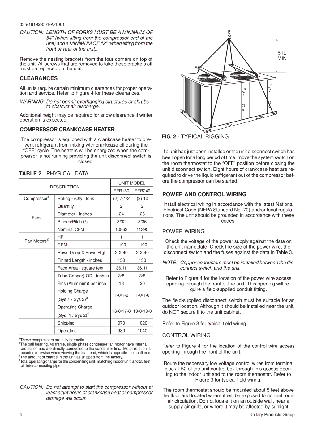 York E1FB180, E1FB240 installation manual Clearances, Compressor Crankcase Heater, Power and Control Wiring 