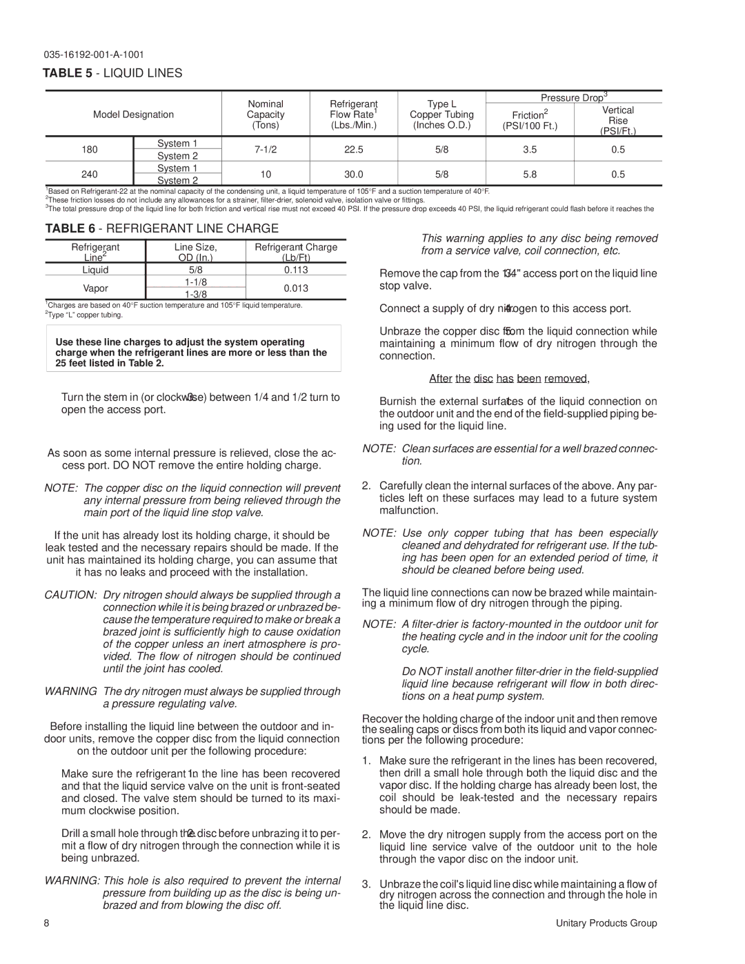 York E1FB180, E1FB240 installation manual Liquid Lines, Refrigerant Line Charge 