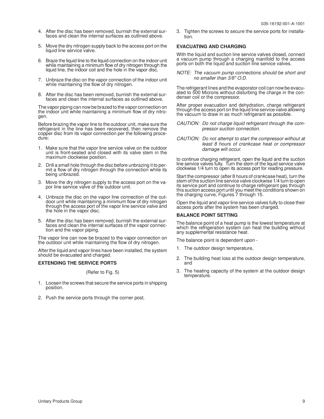 York E1FB240, E1FB180 installation manual Extending the Service Ports, Evacuating and Charging, Balance Point Setting 