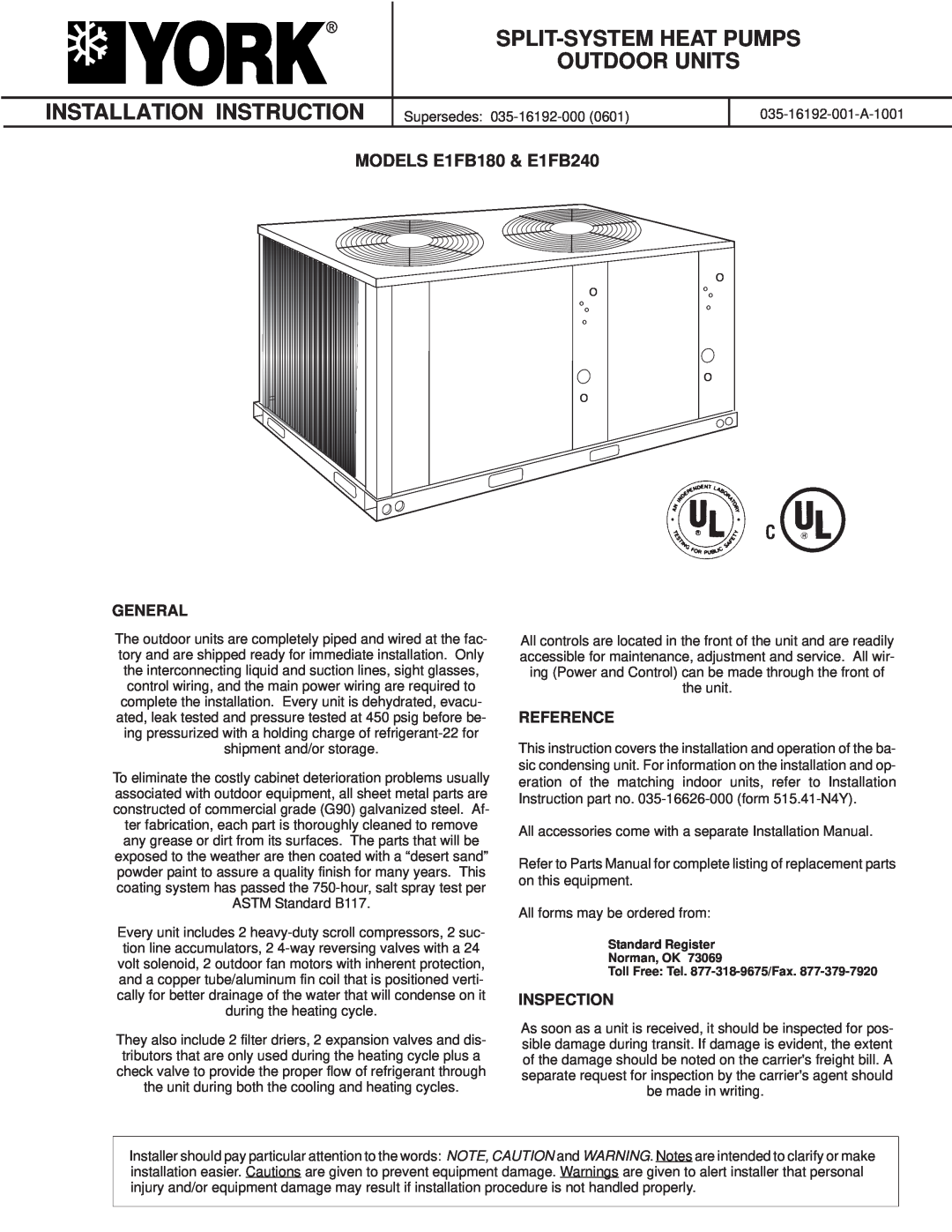 York E1FB240, E1FB180 installation manual Installation Instruction, General, Reference, Inspection, Split-Systemheat Pumps 
