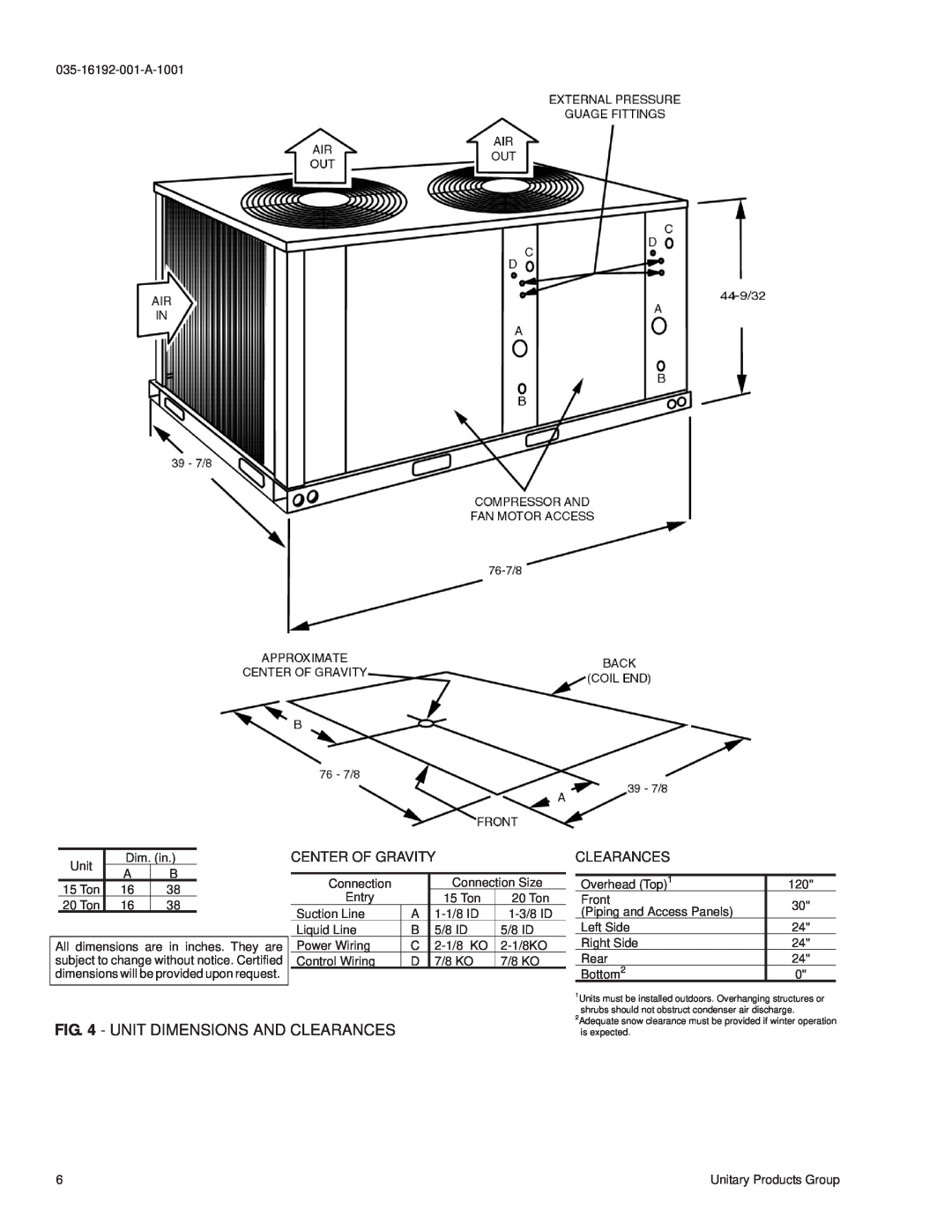 York E1FB180, E1FB240 installation manual Unit Dimensions And Clearances, Center Of Gravity 