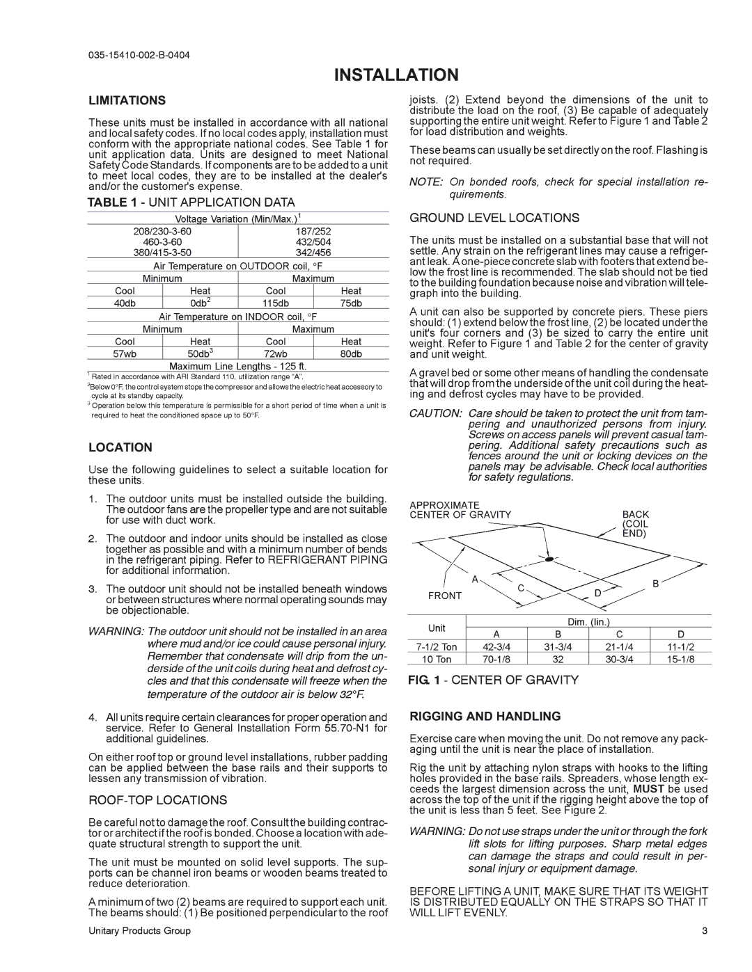 York E3FB090, E2FB120 installation manual Installation, Limitations, Location, Rigging and Handling 