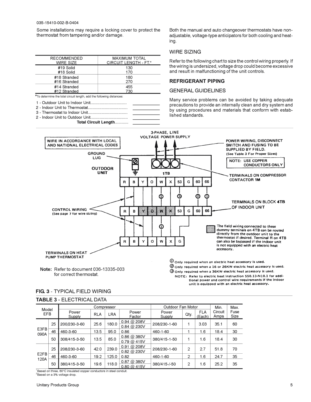 York E3FB090, E2FB120 installation manual Wire Sizing, Refrigerant Piping, General Guidelines, Typical Field Wiring 