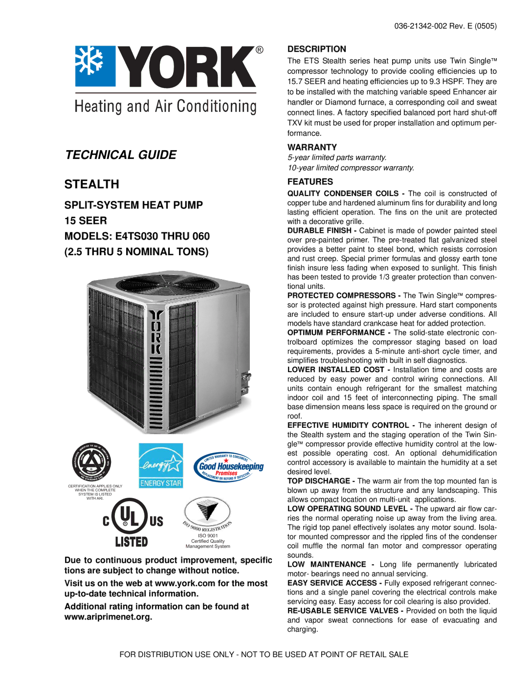 York E4TS030 THRU 060 warranty Description, Warranty, Features 