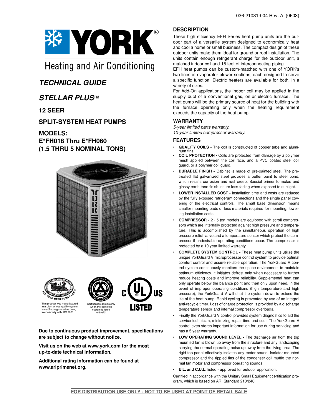 York E*FH060, E*FH018 warranty Description, Warranty, Features 