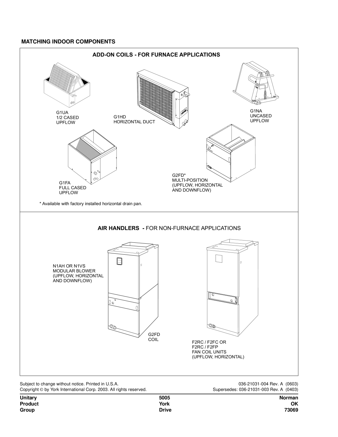 York E*FH018, E*FH060 warranty AIR Handlers for NON-FURNACE Applications, Unitary 5005 Norman Product York Group Drive 73069 