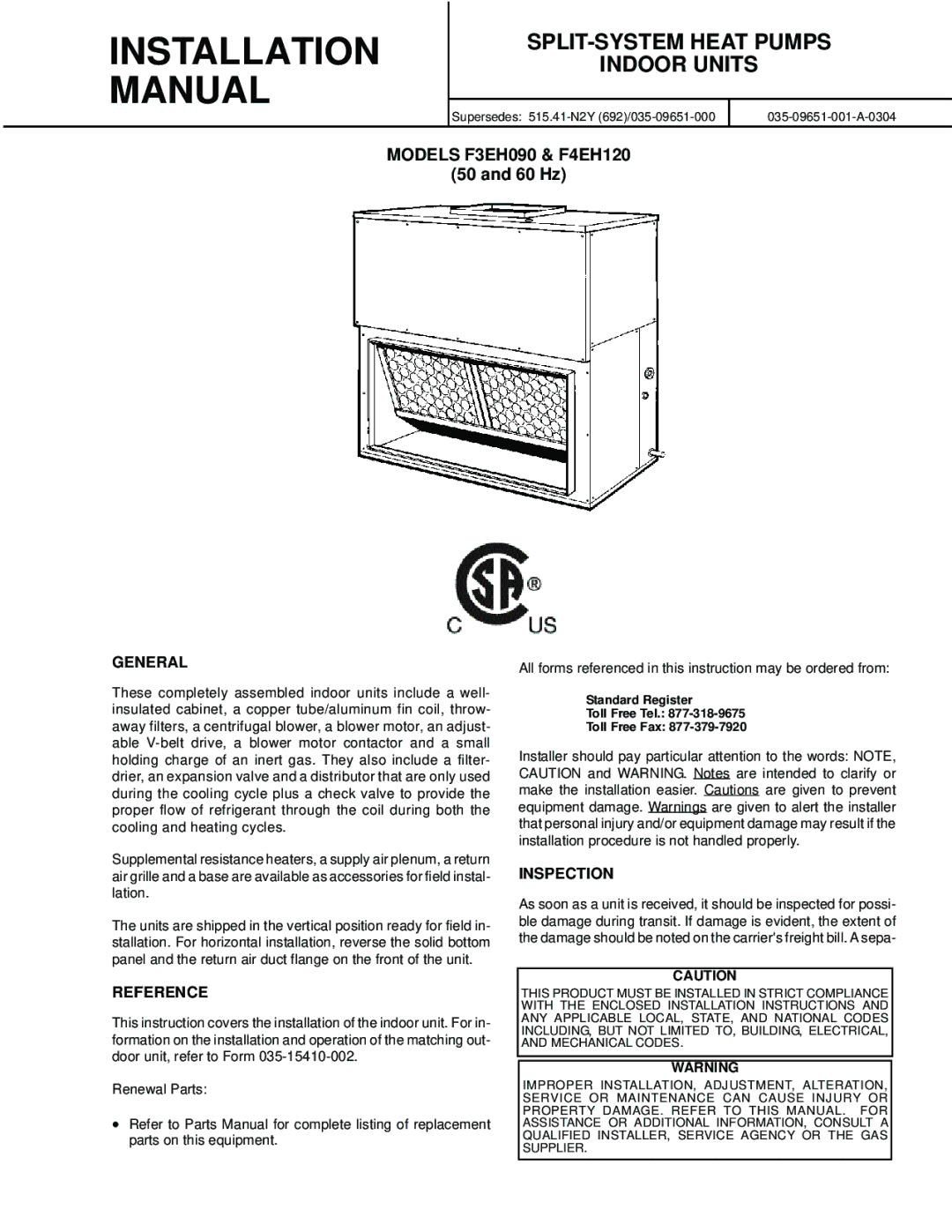 York F3EH090 installation manual SPLIT-SYSTEM Heat Pumps Indoor Units, General, Inspection, Reference 