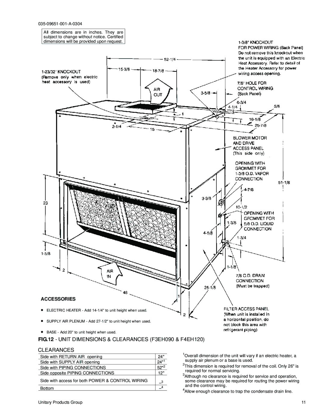 York installation manual Unit Dimensions & Clearances F3EH090 & F4EH120, Accessories 