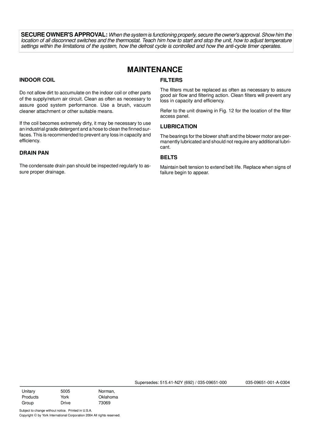 York F3EH090 installation manual Maintenance 