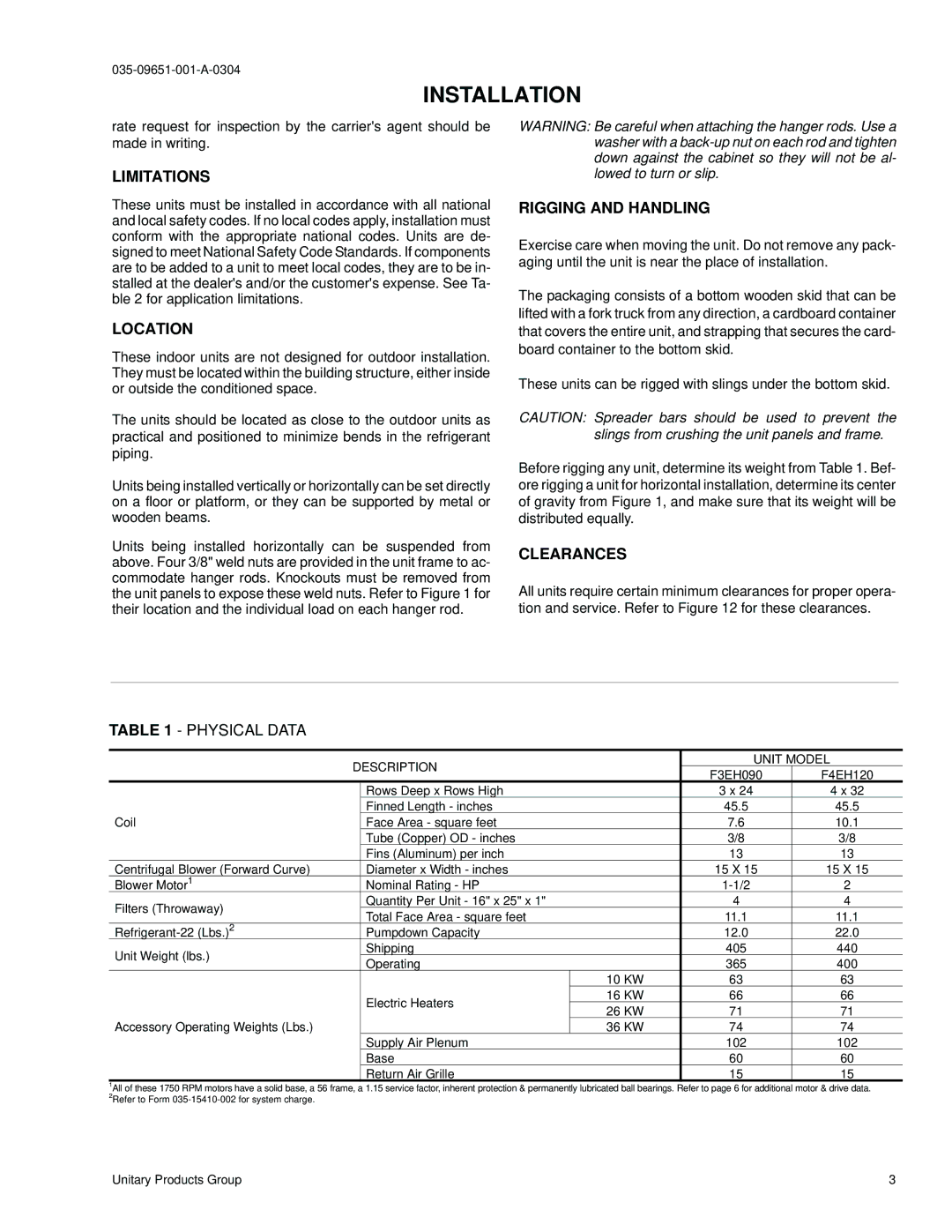 York F3EH090 installation manual Installation, Limitations, Location, Rigging and Handling, Clearances 