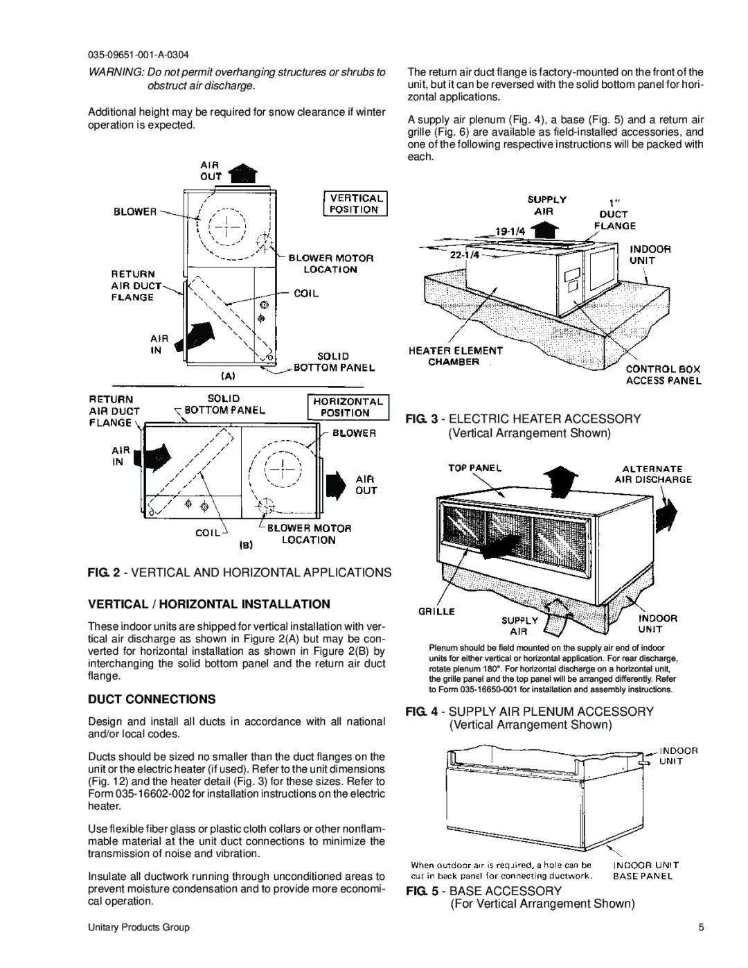 York F3EH090 installation manual Vertical / Horizontal Installation, Duct Connections 