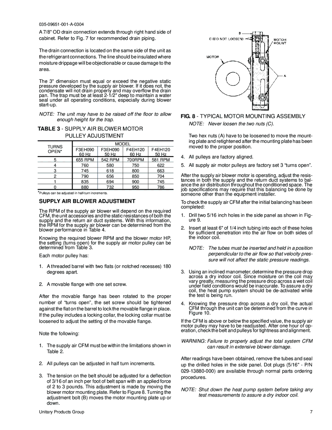 York Supply AIR Blower Motor Pulley Adjustment, Supply AIR Blower Adjustment, Turns Model, F3EH090 F4EH120, Open 