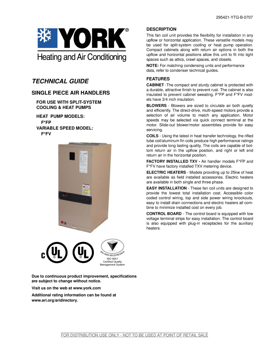 York F*FV, F*FP specifications Description, Features 